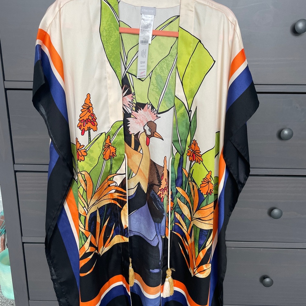 New Chico’s Bird of Paradise Colorful Bird Print Kimono Size S/M - Picture 1 of 5